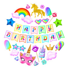 Poster happy birthday. Unicorn party, rainbow, ice cream, hoop, mask, crown, sunglasses and other elements on a white background. Realistic vector illustration.