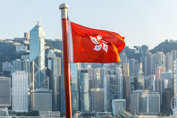 hong kong flag with city skyline