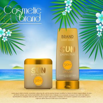 Summer sunblock cosmetic design template on beach background with exotic palm leaves. 3D realistic sun protection and sunscreen product ads.
