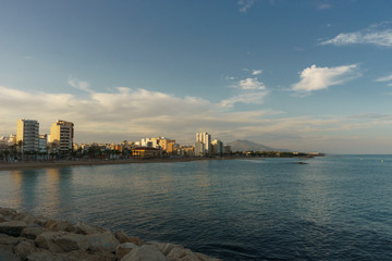 Fototapeta premium Vinaros, Spain, September 03, 2017: Vinaros view from port in sunset. Vinaroz is an mediterranean sea town