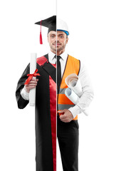 Comparison of graduate and architect's outlook. Student wearing black and red graduation gown, keeping diploma. Architect wearing white shirt with black tie, orange vest, helmet, keeping papers.