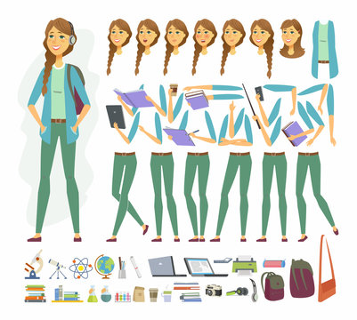 Female Student - Vector Cartoon People Character Constructor