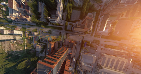 A large building with laboratories and innovative projects, inventions in the Technopark of the Novosibirsk Academic Township. aerial view with sunlight