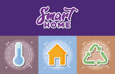 Icon set of smart home design over colorful squares and purple background, vector illustration