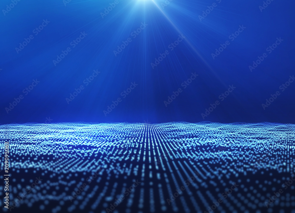 Poster digital data and blue network connection dots for technology concept on black background, 3d abstrac