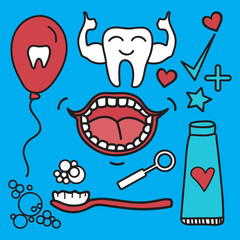 Vector set Dental care symbols for kids in cartoon style.