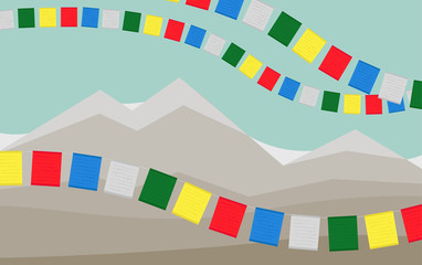 The Mountains with Colorful Tibetan Prayer Flags. - obrazy, fototapety, plakaty