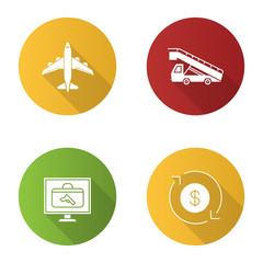 Airport service flat design long shadow glyph icons set