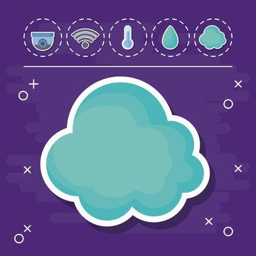 cloud with smart house related icons over purple background, colorful design. vector illustration