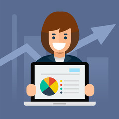 Happy business girl with computer laptop. Data analysis, report business concept. Flat vector illustration