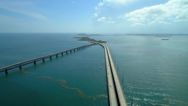 Cinematic aerial Florida Keys Overseas Highway converging roads