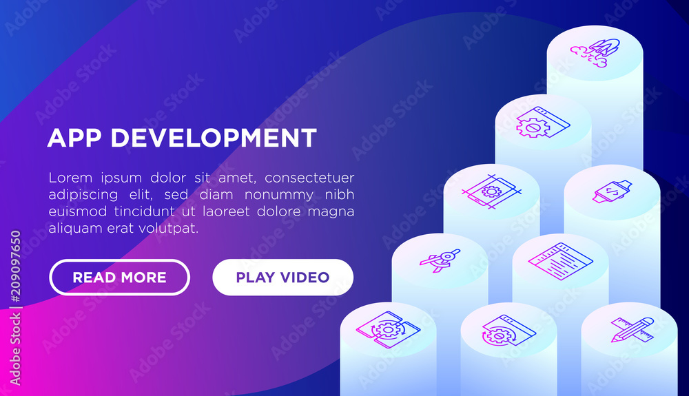 Poster app development concept with isometric thin line icons: writing code, multitasking, smart watch app,