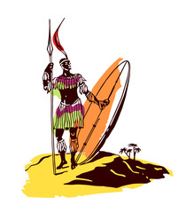 tribal warrior with spear and shield on white background and desert
