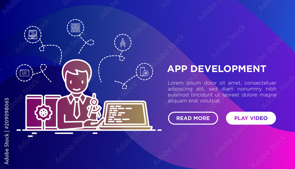 Poster app development concept with thin line icons: writing code, multitasking, smart watch app, engineeri