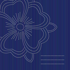 Sashiko banner with blooming sakura flower and copy space. Text frame. Abstract seamless texture. Indigo color. Classic japanese quilling. Needlework texture. For handiwork, banner or postcard decor.