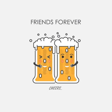 Drunk beer glasses character.Friends forever Celebration and happy weekend concept.Party celebration in the Pub.Drunk person drinking beer on white background.Vector illustration