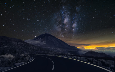 Night mountain road .Night sky with milky way and stars.