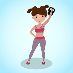 Cute girl with a kettlebell. Gym illustration. Routine workout. Cartoon character. Fitness girl holding the kettlebell overhead. Healthy young woman in sportswear involved in sports. Caucasian.