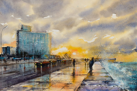 Romantic sunset at the Malecon seawall in Havana with a view of the sea and the waterfront buildings.Picture created with watercolors.