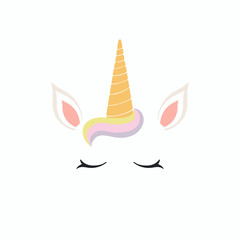 Hand drawn vector illustration of a cute funny unicorn face cake decoration. Isolated objects on white background. Flat style design. Concept for children print. © Maria Skrigan