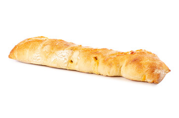 Baguette with cheese on white background isolation