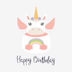 Hand drawn vector illustration of a cute funny unicorn cake with face, horn, ears, wings, lettering quote Happy Birthday. Isolated on light background. Flat style design. Concept for children print.