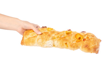 Baguette with cheese in hand on white background isolation