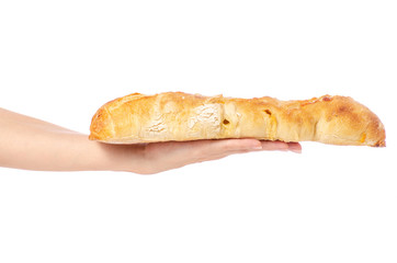 Baguette with cheese in hand on white background isolation