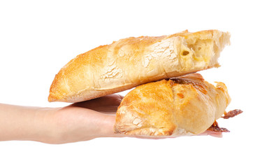 Baguette with cheese in hand on white background isolation
