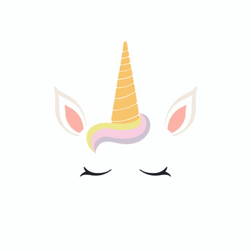 Hand drawn vector illustration of a cute funny unicorn face cake decoration. Isolated objects on white background. Flat style design. Concept for children print.
