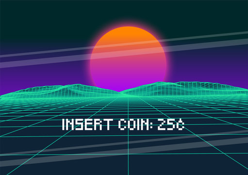 Vector Retro Futurism Old VHS Style Landscape 1980s Style. Digital retro Landscape Planet Cyber surface. Retro Futuristic Gaming or Music Album Cover. 