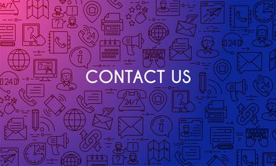 Contact us banner. Design template with thin line icons on theme customer service and support. Vector illustration