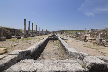 The view from the Nympahion of Kestros side of Perge Ancient City in Antalya, Turkey