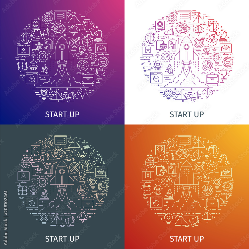 Aufkleber start up business project concept. design template with flat line icons. rocket launch scene. vector