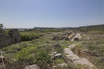 Aerial view from the Nympahion of Kestros side of Perge Ancient City in Antalya, Turkey