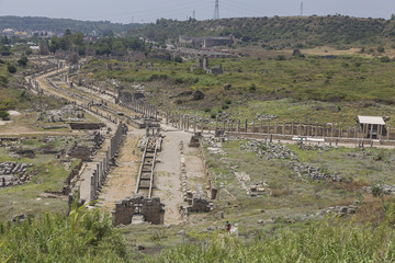 Fototapeta premium Antalya/ Turkey - 06.12.2018: Aerial view from the Nympahion of Kestros side of Perge Ancient City in Antalya, Turkey