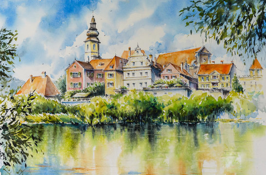 Frohnleiten-small city above Mur river in Styria,Austria.Picture created with watercolors.