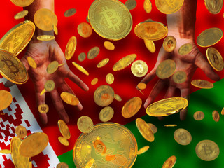 Bitcoin crypto currency Belarus flag A lot of falling  gold bitcoins Rain of golden coins fall to the palms of the hands on Republic of Belarus waving flag  background