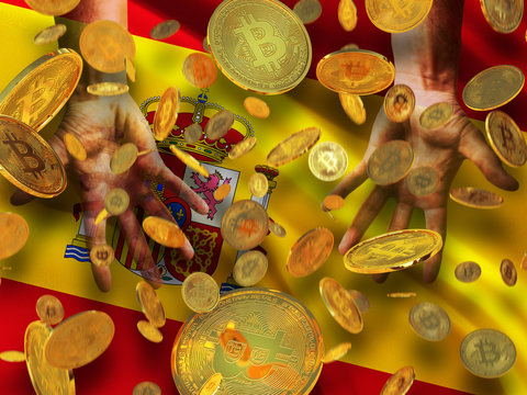 Bitcoin crypto currency Spain flag A lot of falling  gold bitcoins Rain of golden coins fall to the palms of the hands on Kingdom of Spain waving flag background