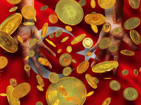 Bitcoin crypto currency Turkey flag A lot of falling  gold bitcoins Rain of golden coins fall to the palms of the hands on Republic of Turkey waving flag background