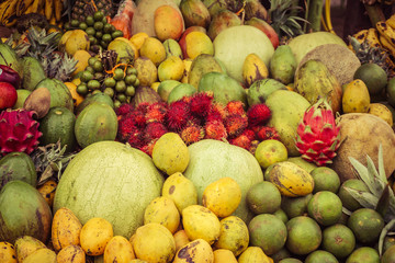 Lot of fresh fruits and vegetables for sale in the market