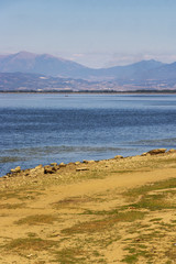 September Kerkini Lake landscape with the lake shore and a mountain range in the distance
