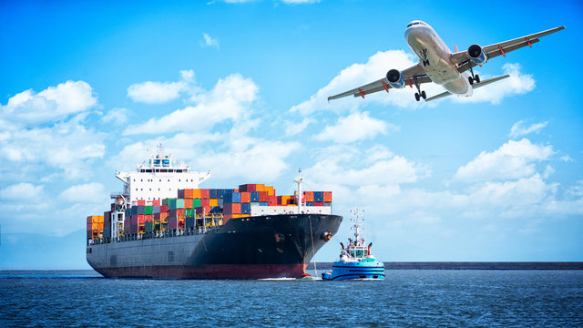 Container cargo freight ships and cargo plane for logistic Import export background