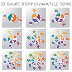 Set 9 templates, pie chart diagram infographics for business conceptual cyclic processes on 2, 3, 4, 5, 6, 7, 8, 9, 10 positions