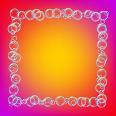 Shampoo foam square frame with realistic water bubbles on multicolored vibrant background. Cleaning liquid soap foam for bath and shower. Shampoo rainbow bubbles. Swimming pool flyer and invite.