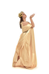 full length portrait of brunette woman wearing long golden grecian gown, standing pose. isolated on...
