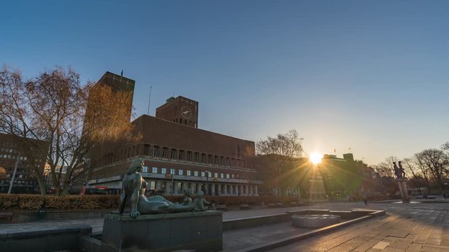 Oslo city skyline sunrise timelapse at Oslo City Hall, Oslo Norway 4K Time Lapse