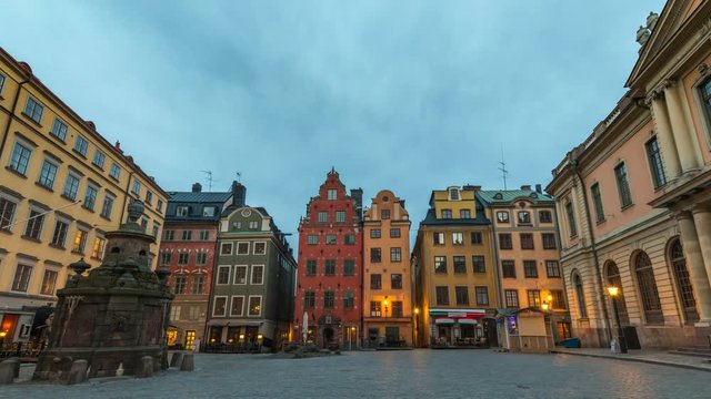 Stockholm city skyline night to day timelapse at Gamla Stan old town and Stortorget, Stockholm Sweden 4K Time Lapse