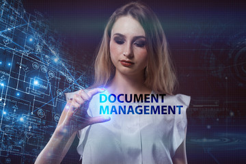 The concept of business, technology, the Internet and the network. A young entrepreneur working on a virtual screen of the future and sees the inscription: Document management