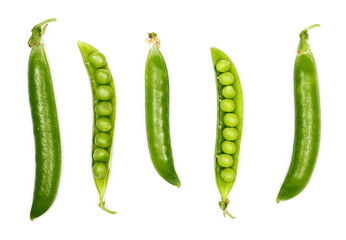set macro fresh green peas isolated on white background, clipping path, top view